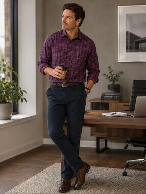 Bill Blass Men's Burgundy and Blue Plaid Button-Down Non-Iron Shirt M